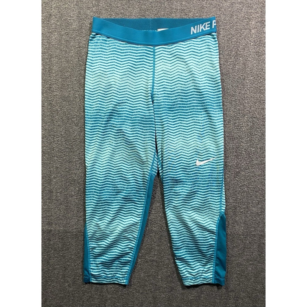 Nike Pro Cool Dri-FIT Cropped Turquoise Zigzag Striped Athletic Leggings Size L